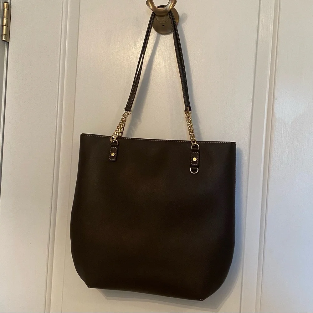 MICHAEL KORS NEW TOTE BAG BROWN SAFFIANO LEATHER JET SET GOLD CHAIN 2 STRAPS NWT - Picture 4 of 13